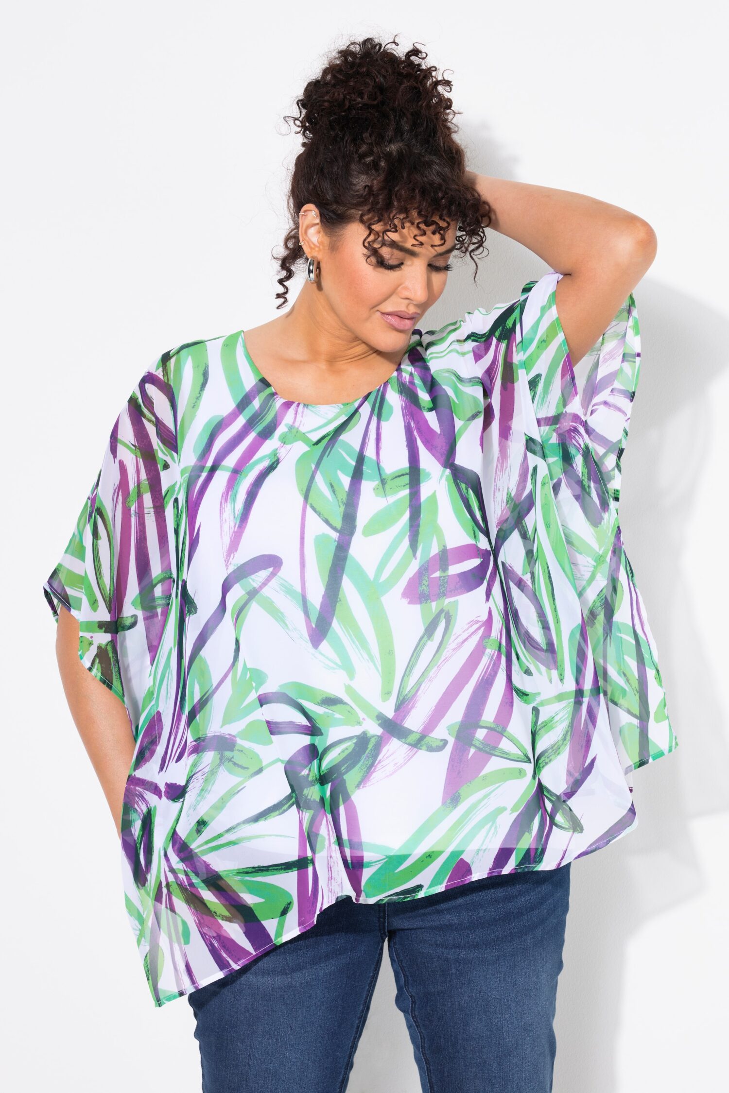 Μπλούζα σιφόν oversized, κοντά μανίκια, αδιαφανές τοπ
