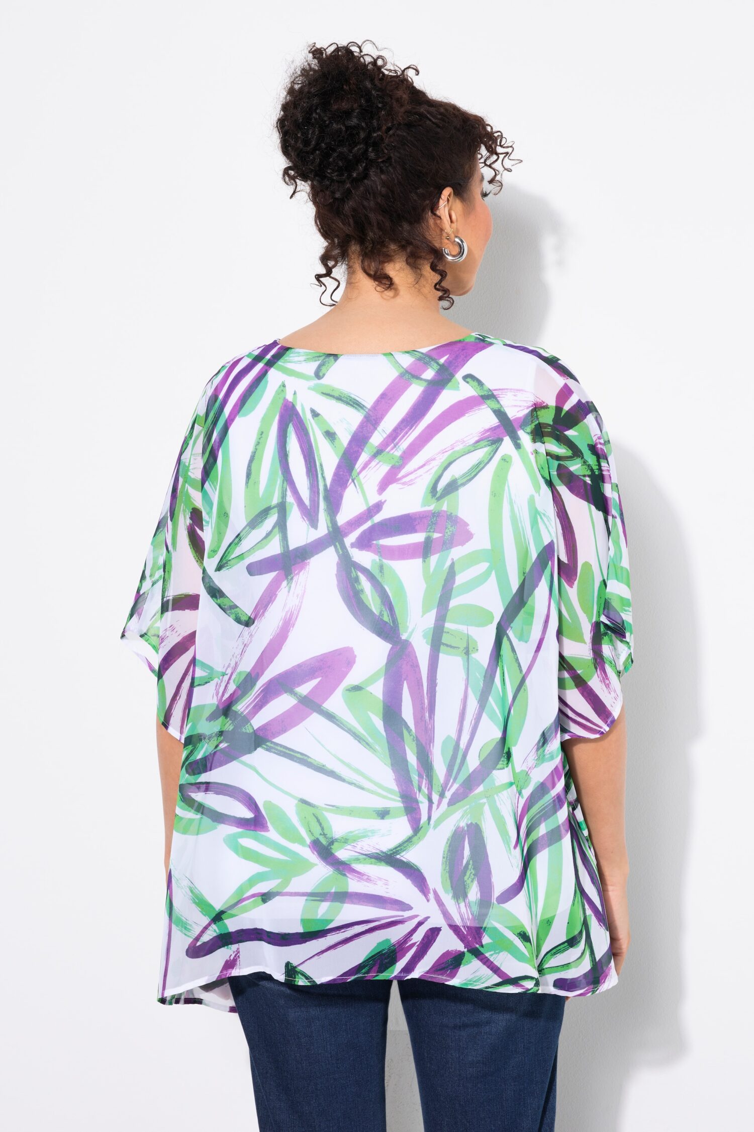 Μπλούζα σιφόν oversized, κοντά μανίκια, αδιαφανές τοπ