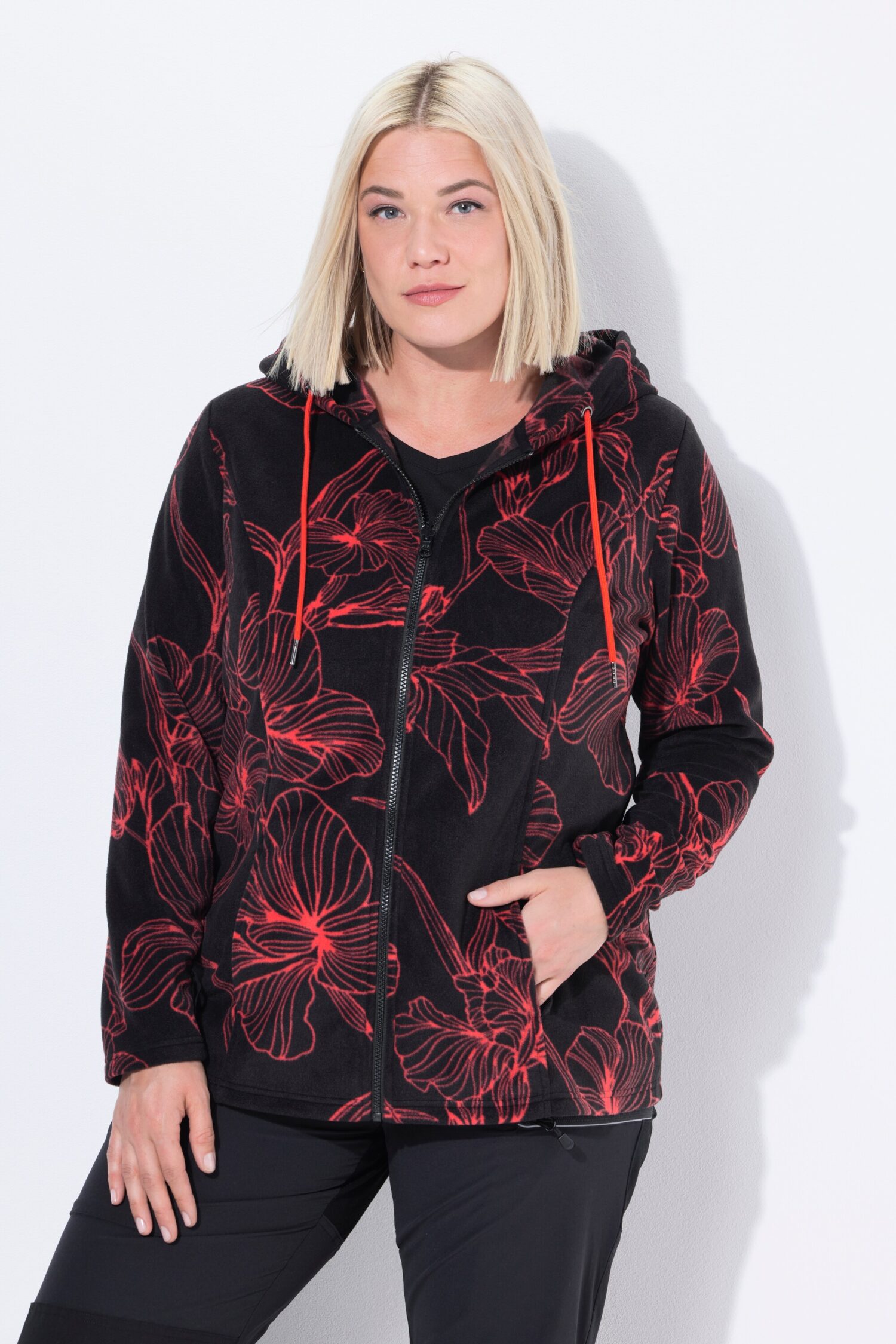 Ζακέτα fleece με κουκούλα και φλοράλ μοτίβο
