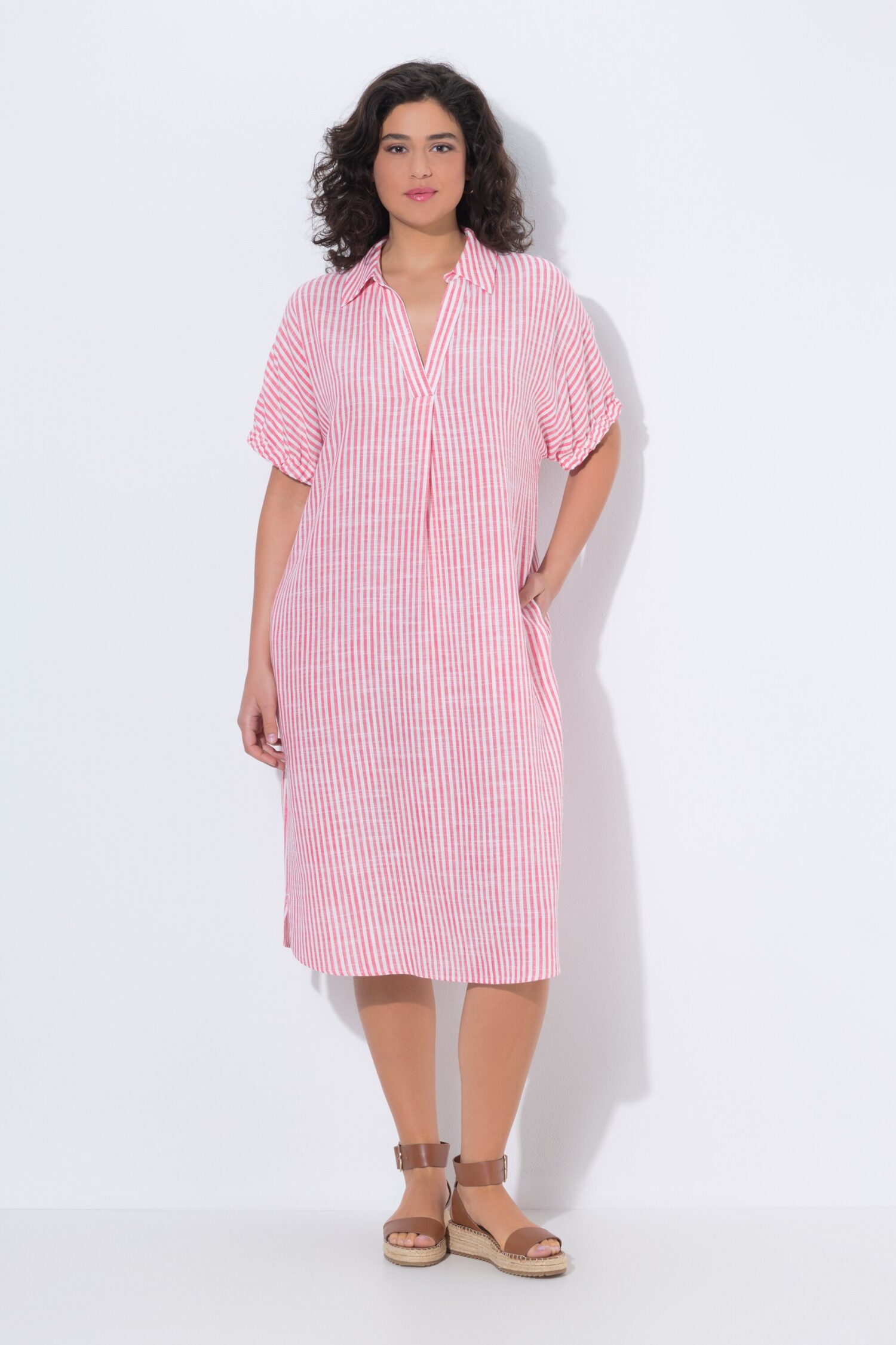 Φόρεμα λινό, oversized, ριγέ με γιακά