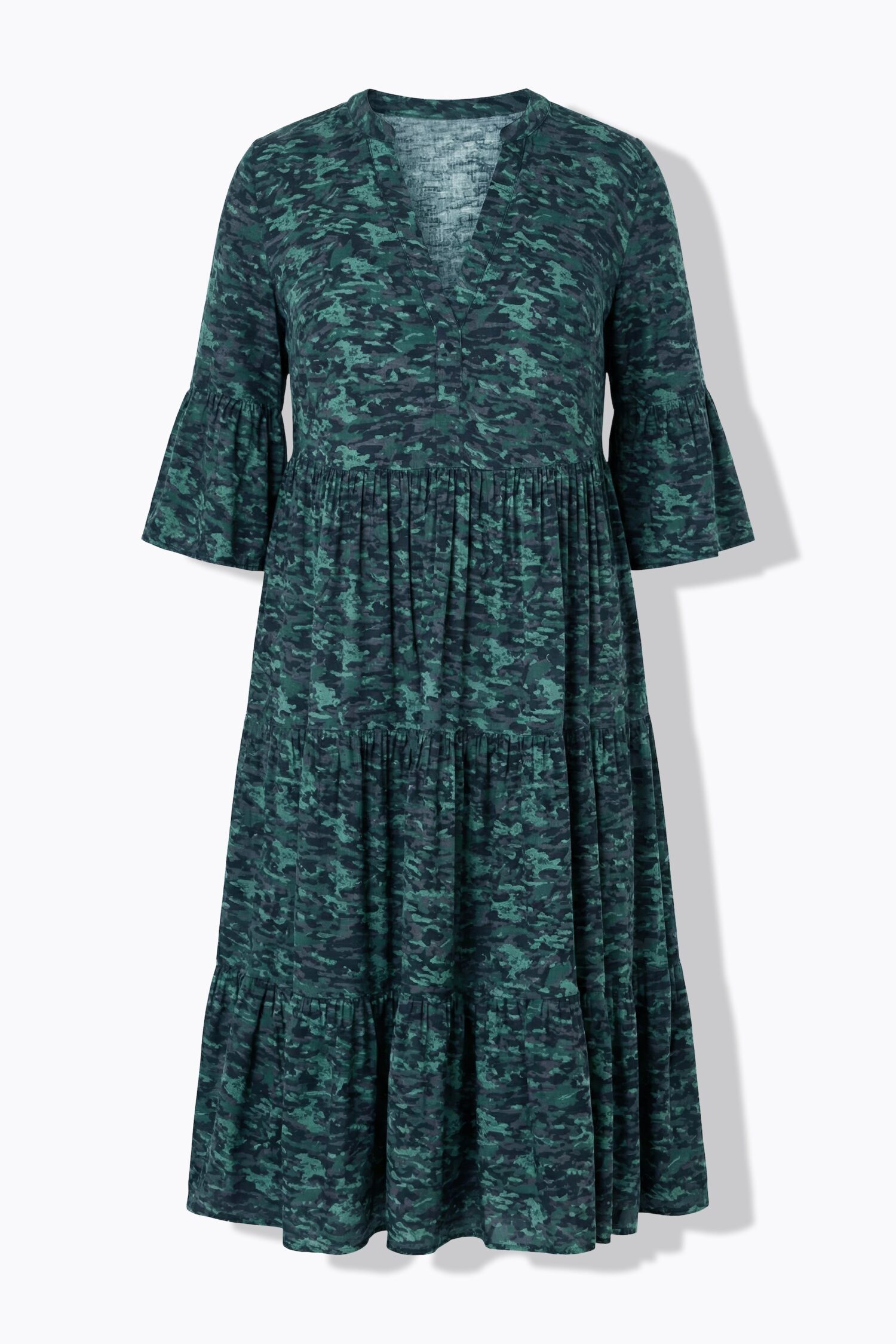 Φόρεμα σε γραμμή Α με μοτίβο camouflage και βολάν