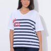 Μπλούζα κοντομάνικη oversized με ρίγες Breton και γράμματα