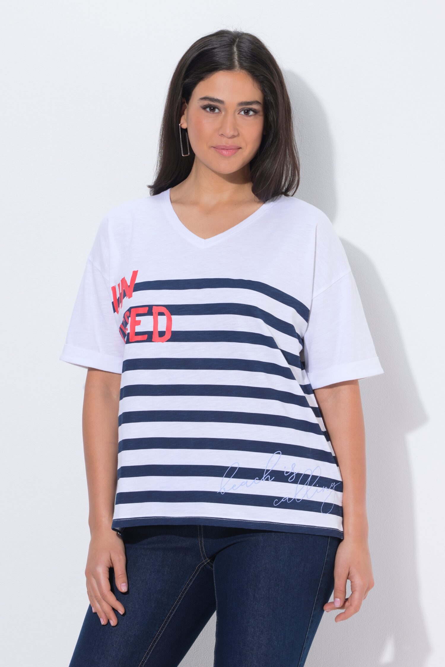 Μπλούζα κοντομάνικη oversized με ρίγες Breton και γράμματα