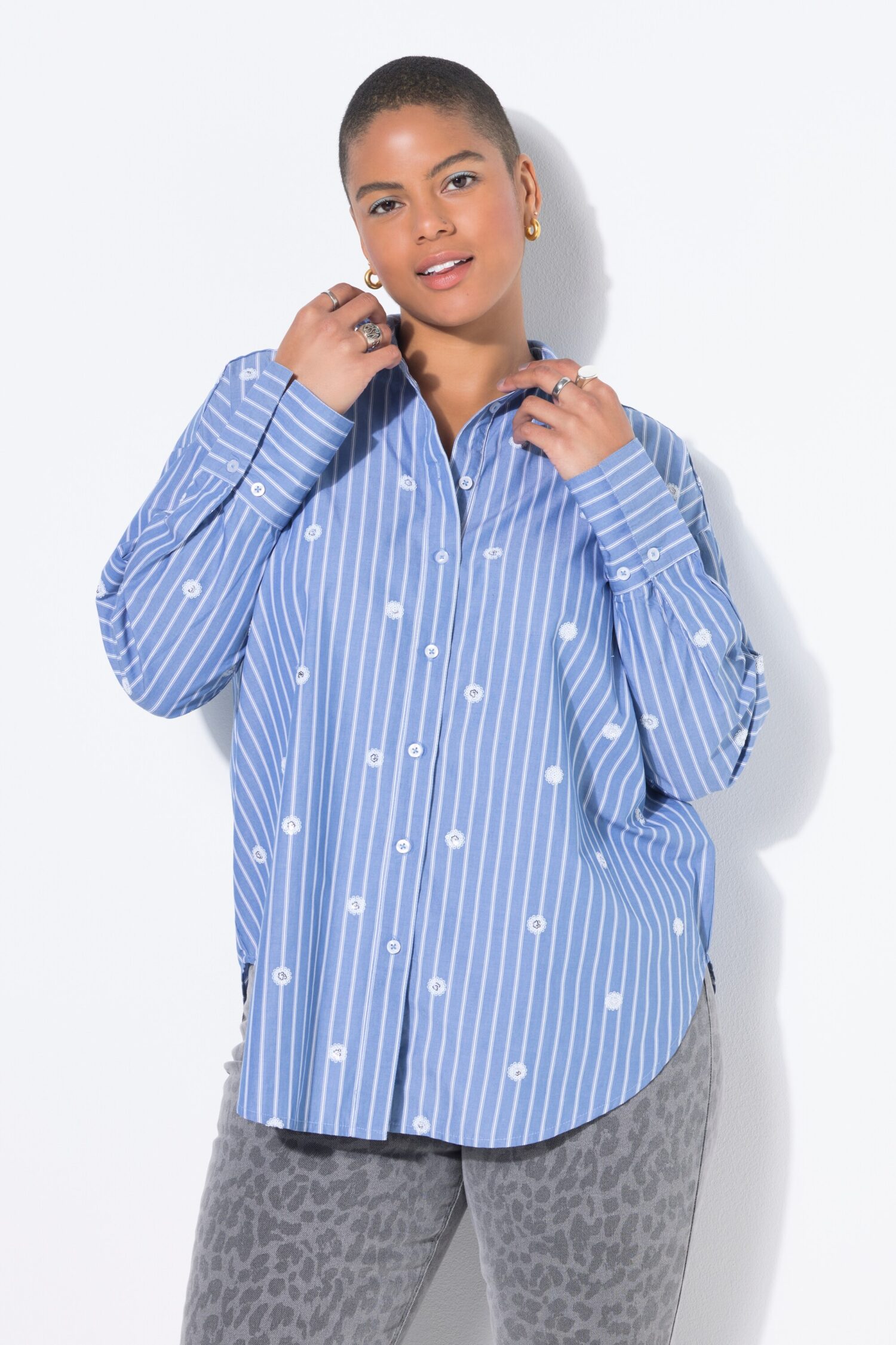 Πουκάμισο oversized, ριγέ με φλοράλ σχέδιο από παγιέτες