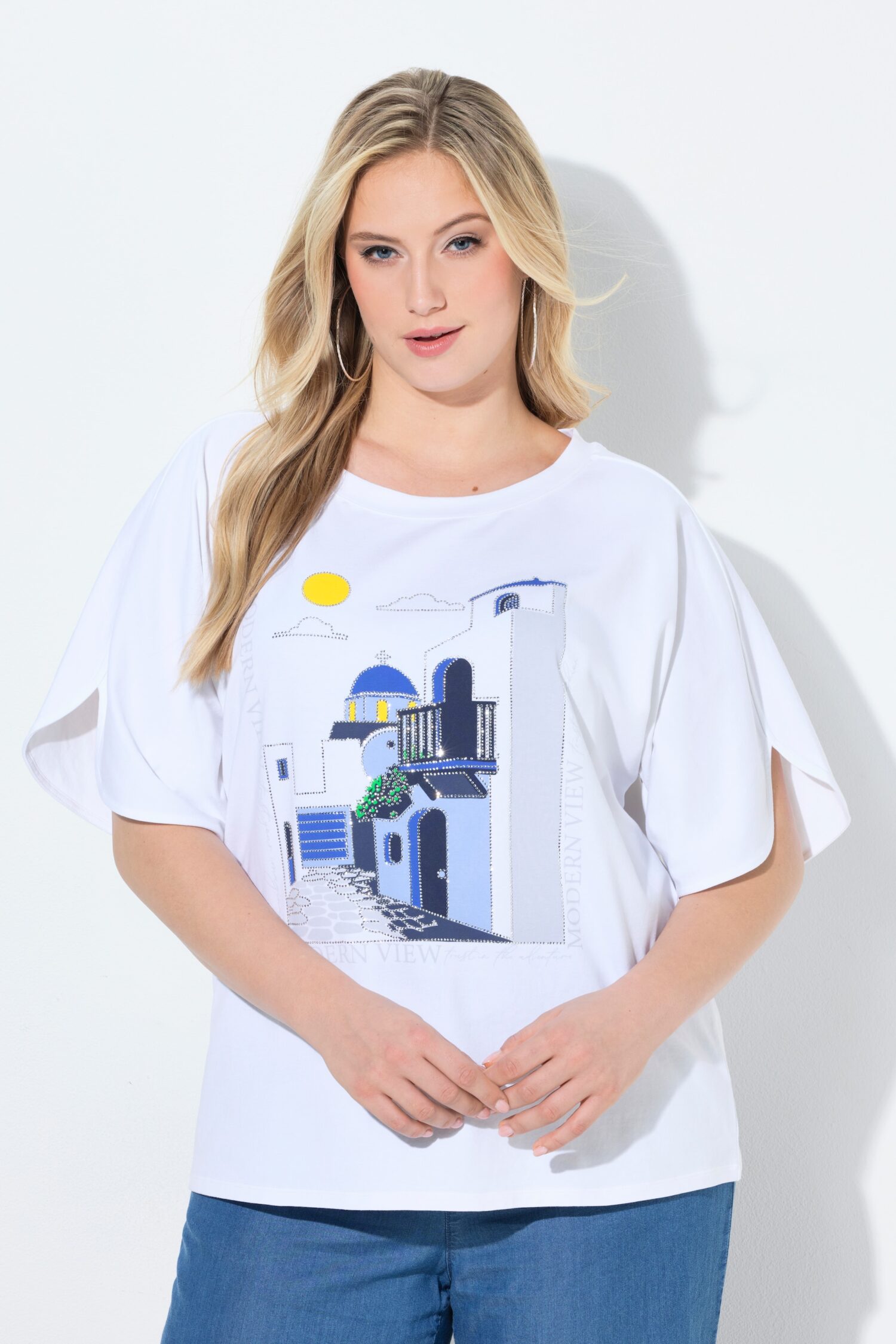 Μπλούζα oversized με κοντά μανίκια και σχέδιο με στρας