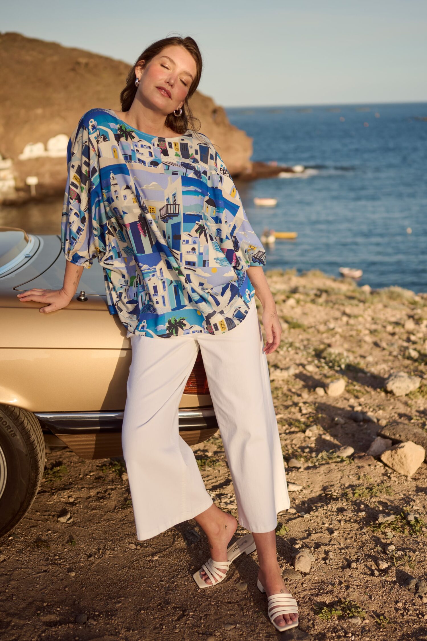Μπλούζα oversized με μανίκια 3/4 και σχέδιο