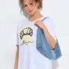 Μπλούζα oversized μρε τύπωμα "Bonjour" και κοντά μανίκια