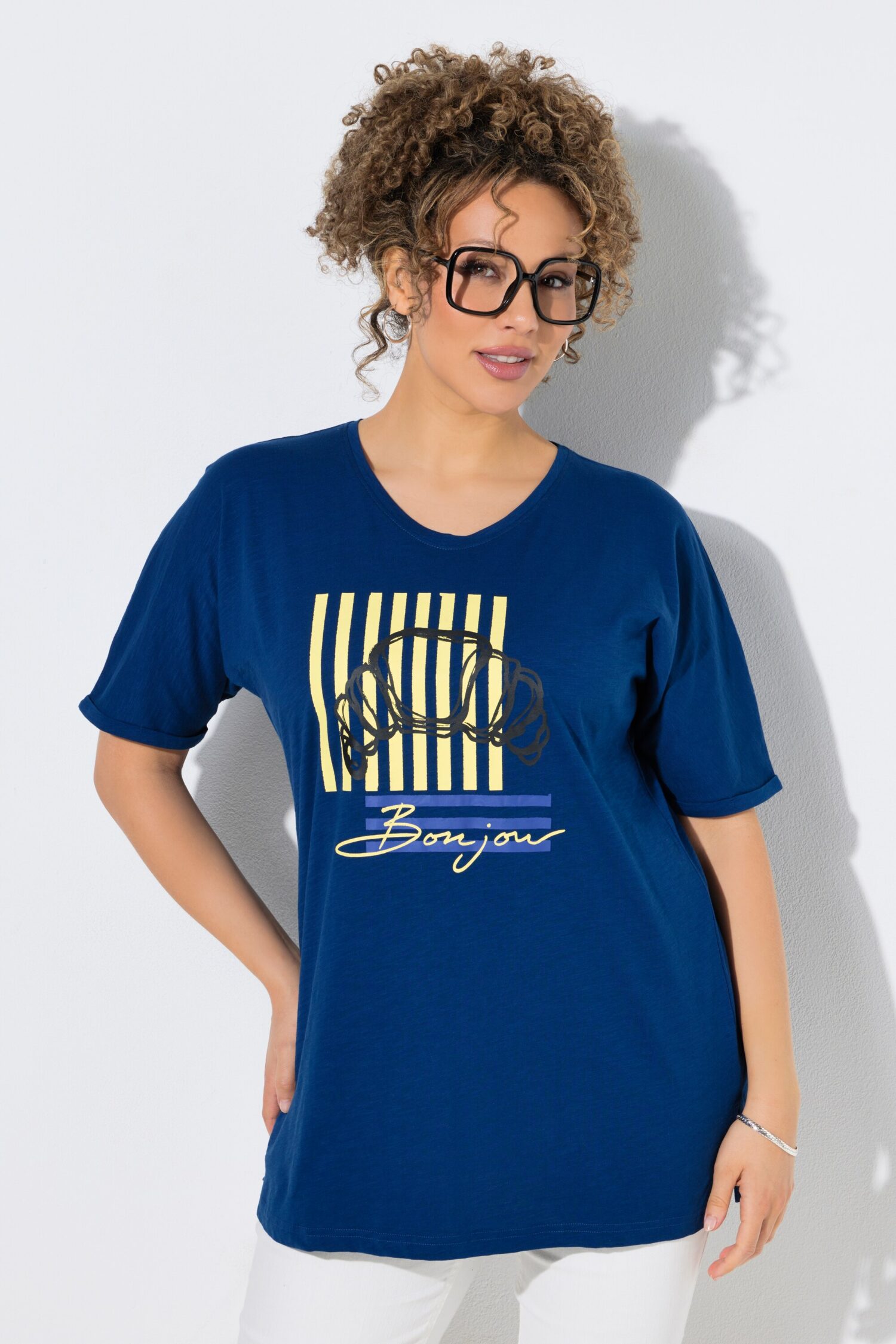 Μπλούζα oversized μρε τύπωμα "Bonjour" και κοντά μανίκια