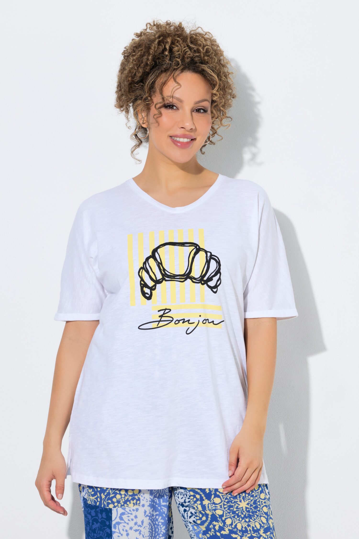 Μπλούζα oversized μρε τύπωμα "Bonjour" και κοντά μανίκια