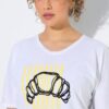 Μπλούζα oversized μρε τύπωμα "Bonjour" και κοντά μανίκια