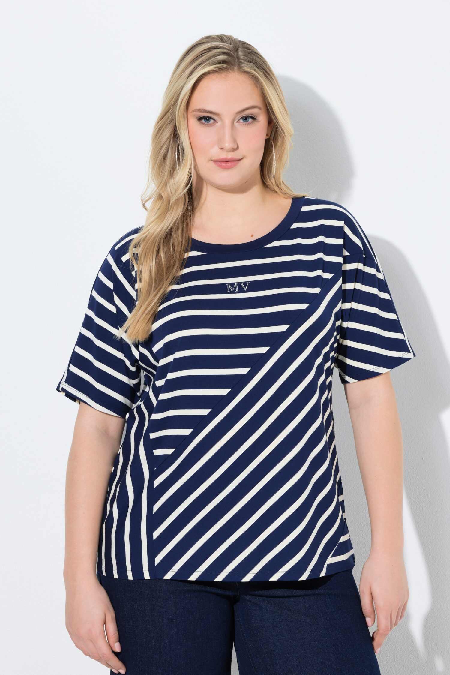 Μπλούζα ριγέ oversized με στρογγυλή λαιμόκοψη και κοντά μανίκια