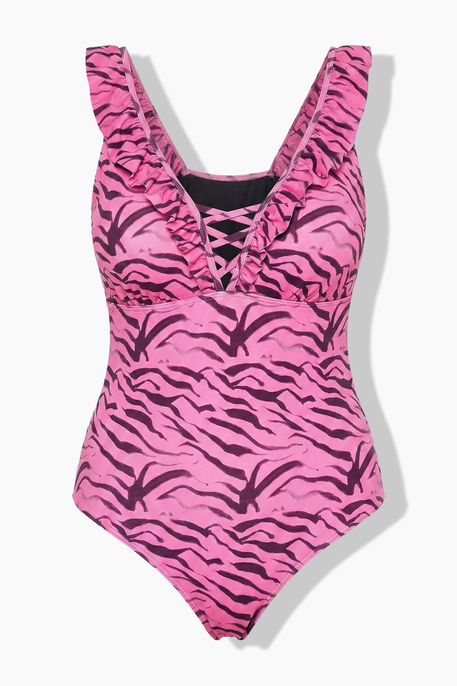 Μαγιό ολόσωμο με animal print και λαιμόκοψη V με κορδόνια