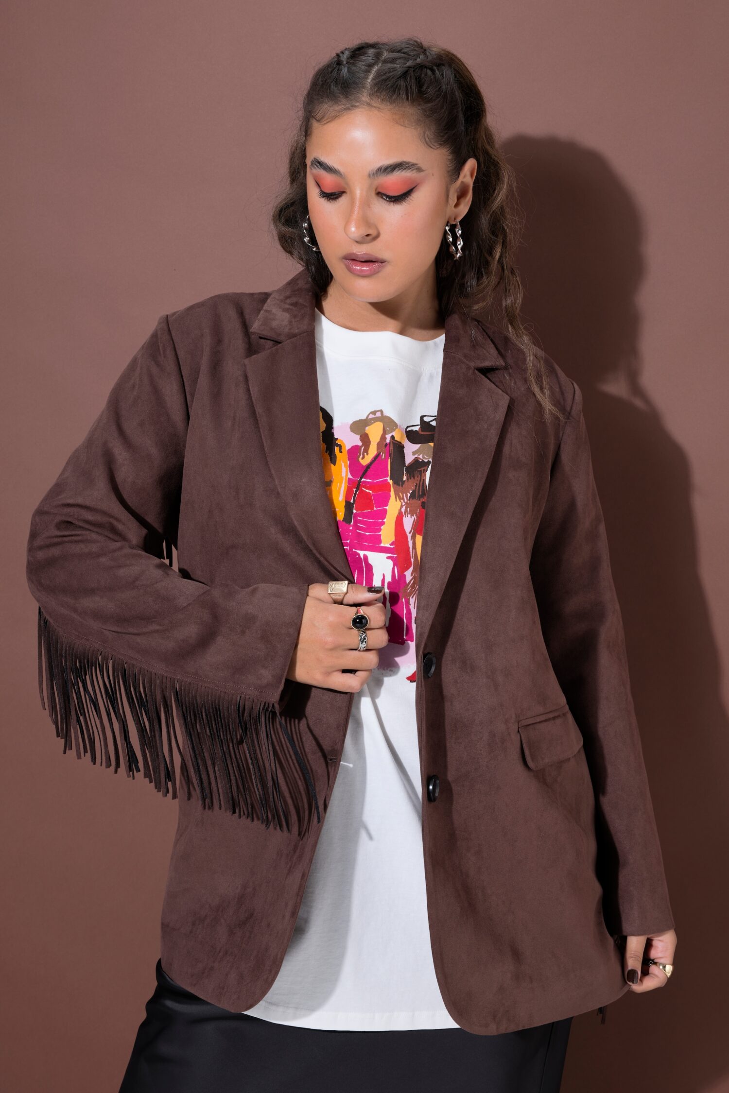 Σακάκι oversized με βελούδινη όψη και κρόσια