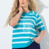 Μπλούζα oversized, ριγέ με στρας και κοντά μανίκια