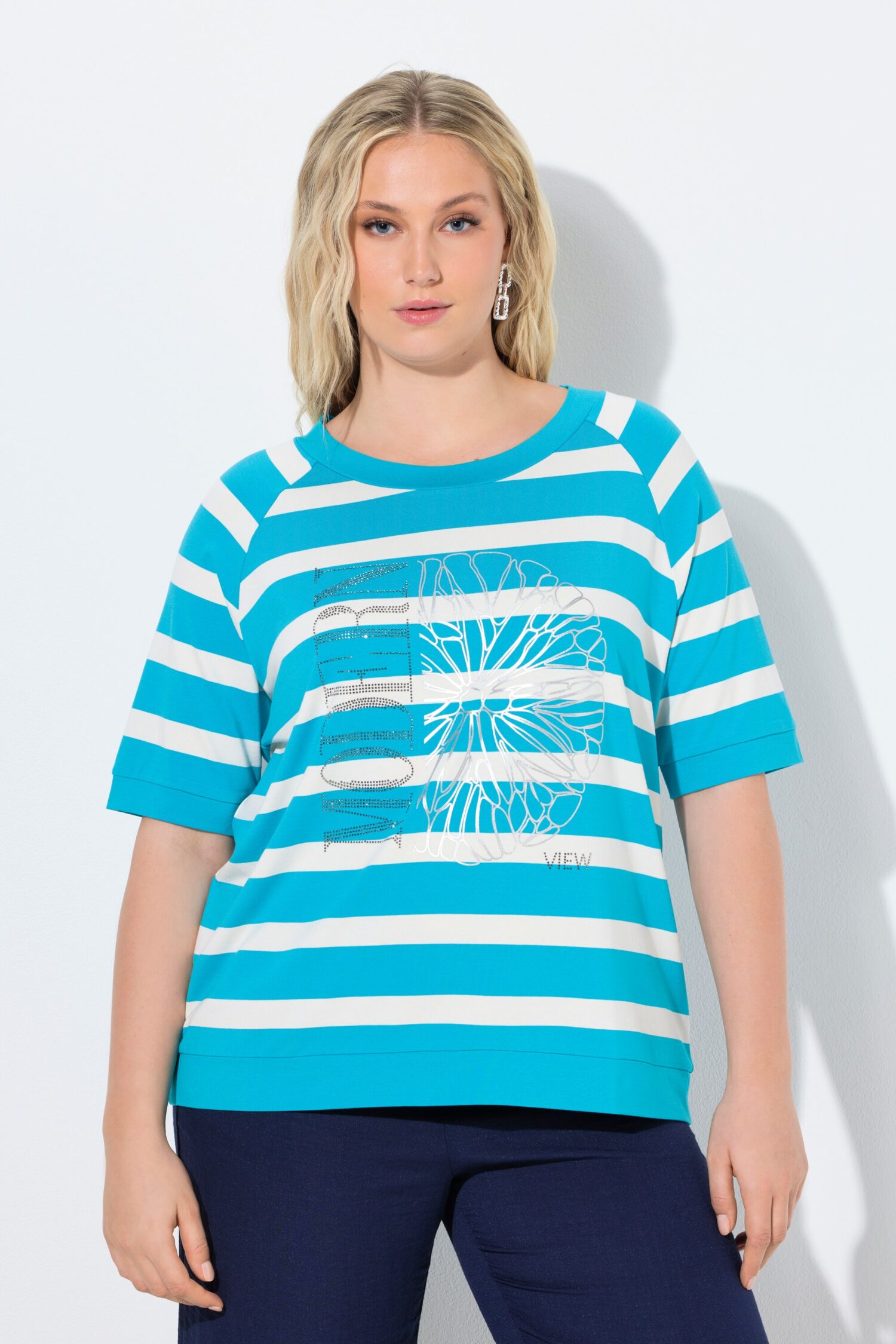 Μπλούζα oversized, ριγέ με στρας και κοντά μανίκια