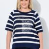 Μπλούζα oversized, ριγέ με στρας και κοντά μανίκια