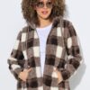 Μπουφάν teddy fleece, καρό με κουκούλα