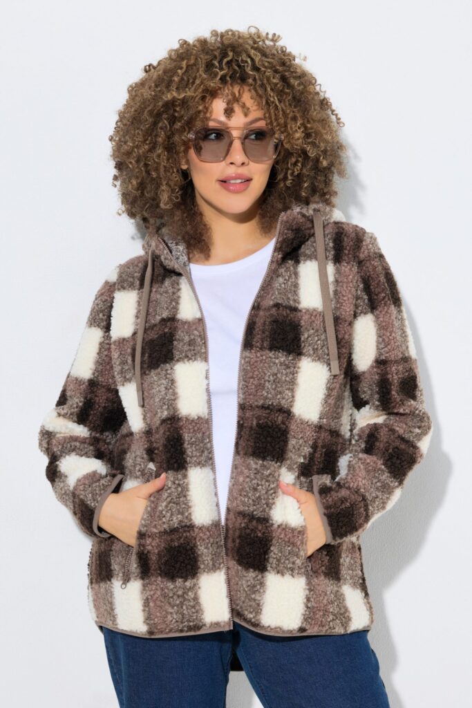 Μπουφάν teddy fleece, καρό με κουκούλα