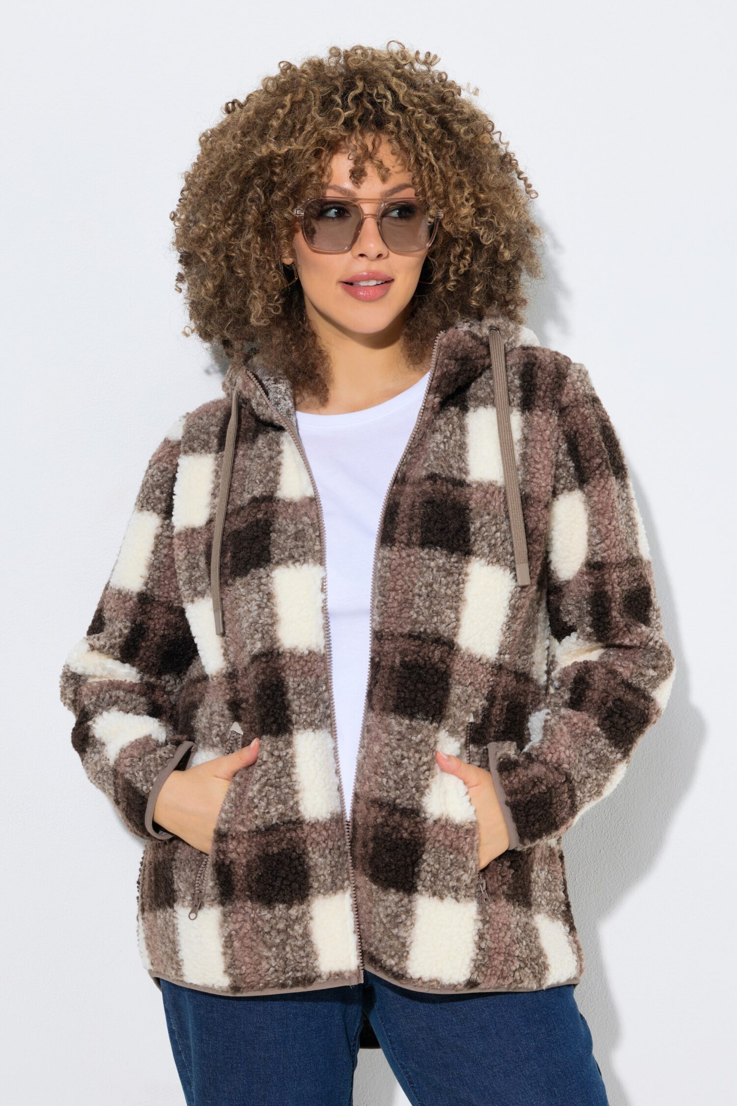 Μπουφάν teddy fleece, καρό με κουκούλα