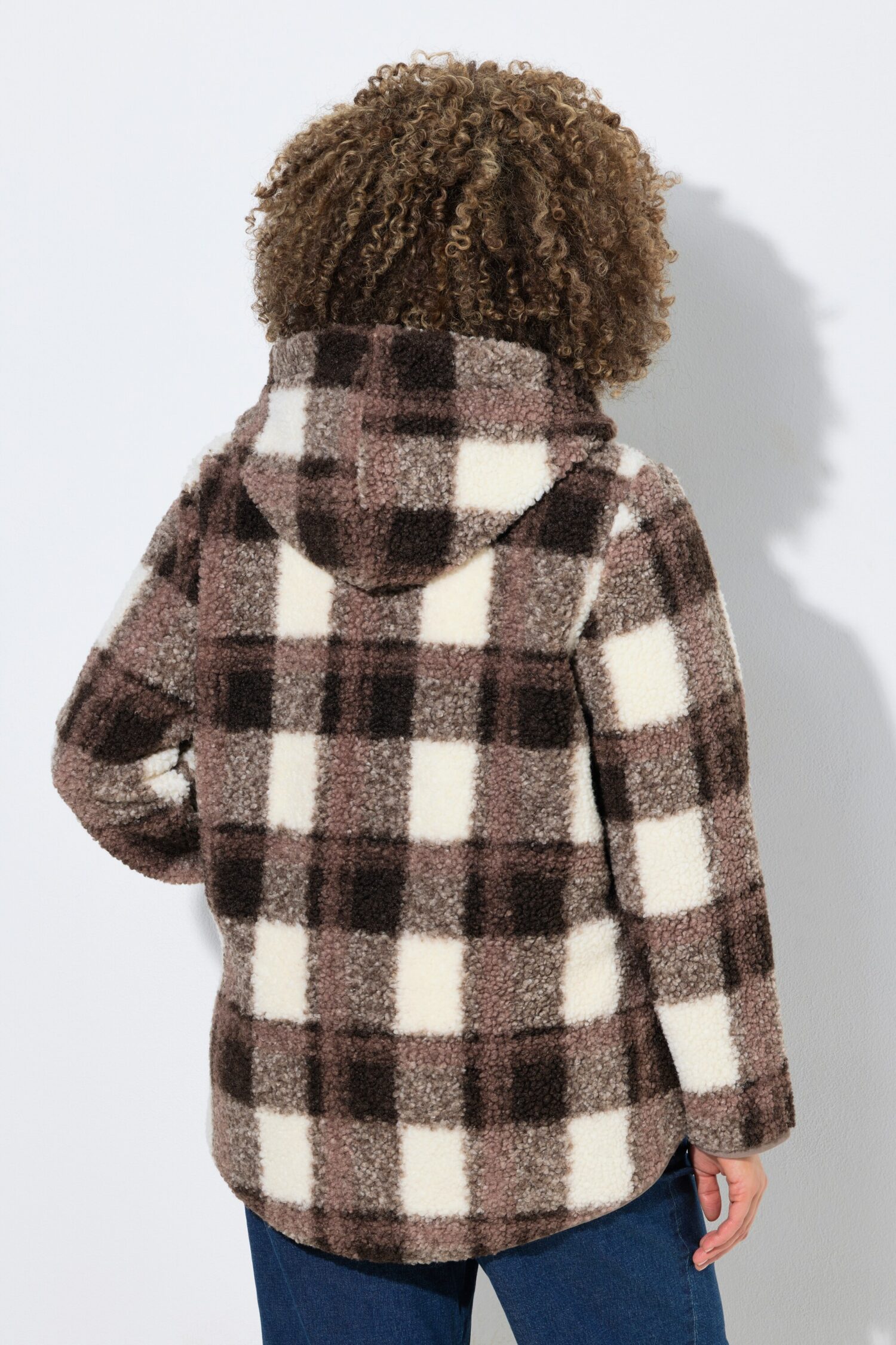 Μπουφάν teddy fleece, καρό με κουκούλα
