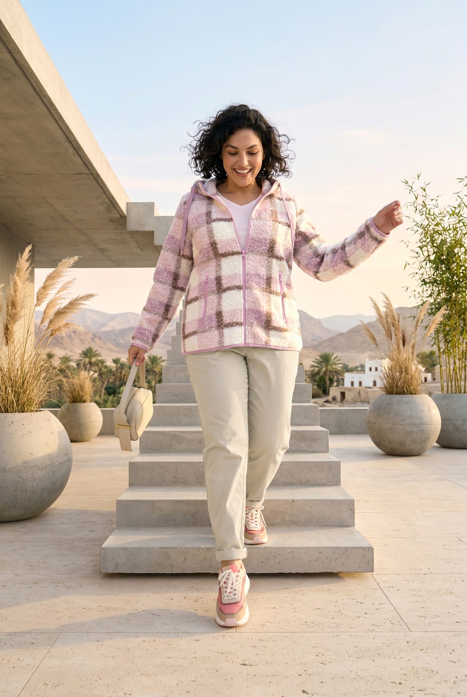 Μπουφάν teddy fleece, καρό με τσέπες