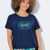 T-shirt oversized με πολύχρωμο τύπωμα, στρογγυλή λαιμόκοψη και κοντά μανίκια