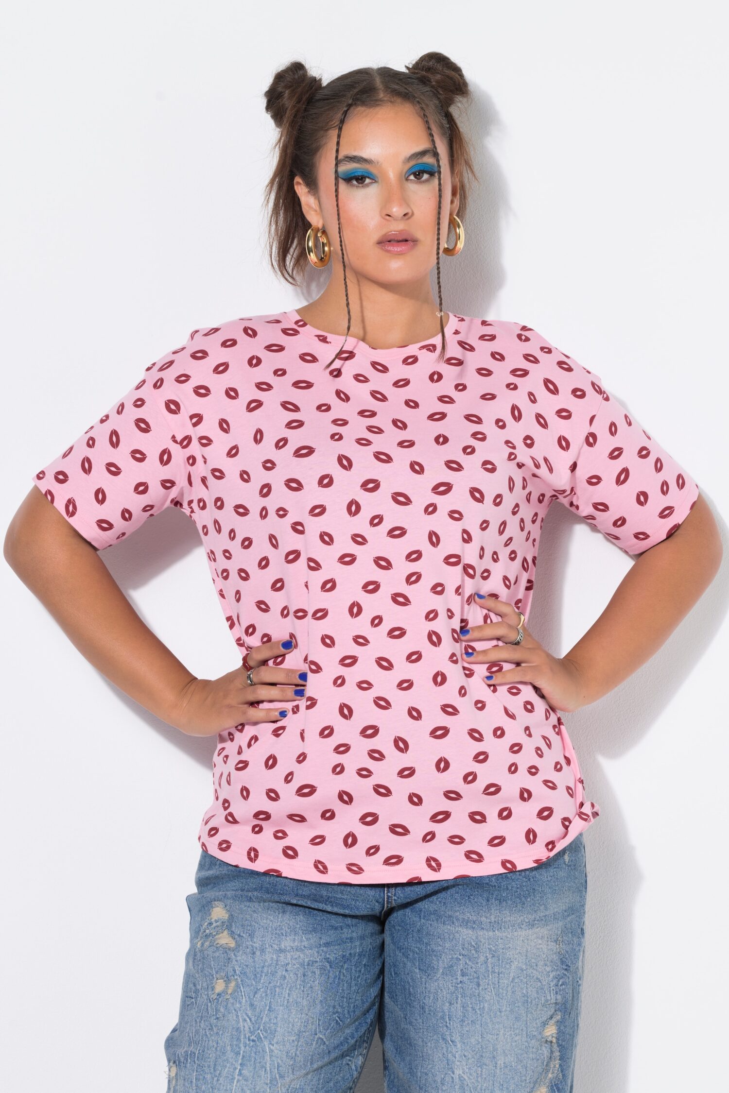 T-shirt oversized με σχέδιο kiss και κοντά μανίκια