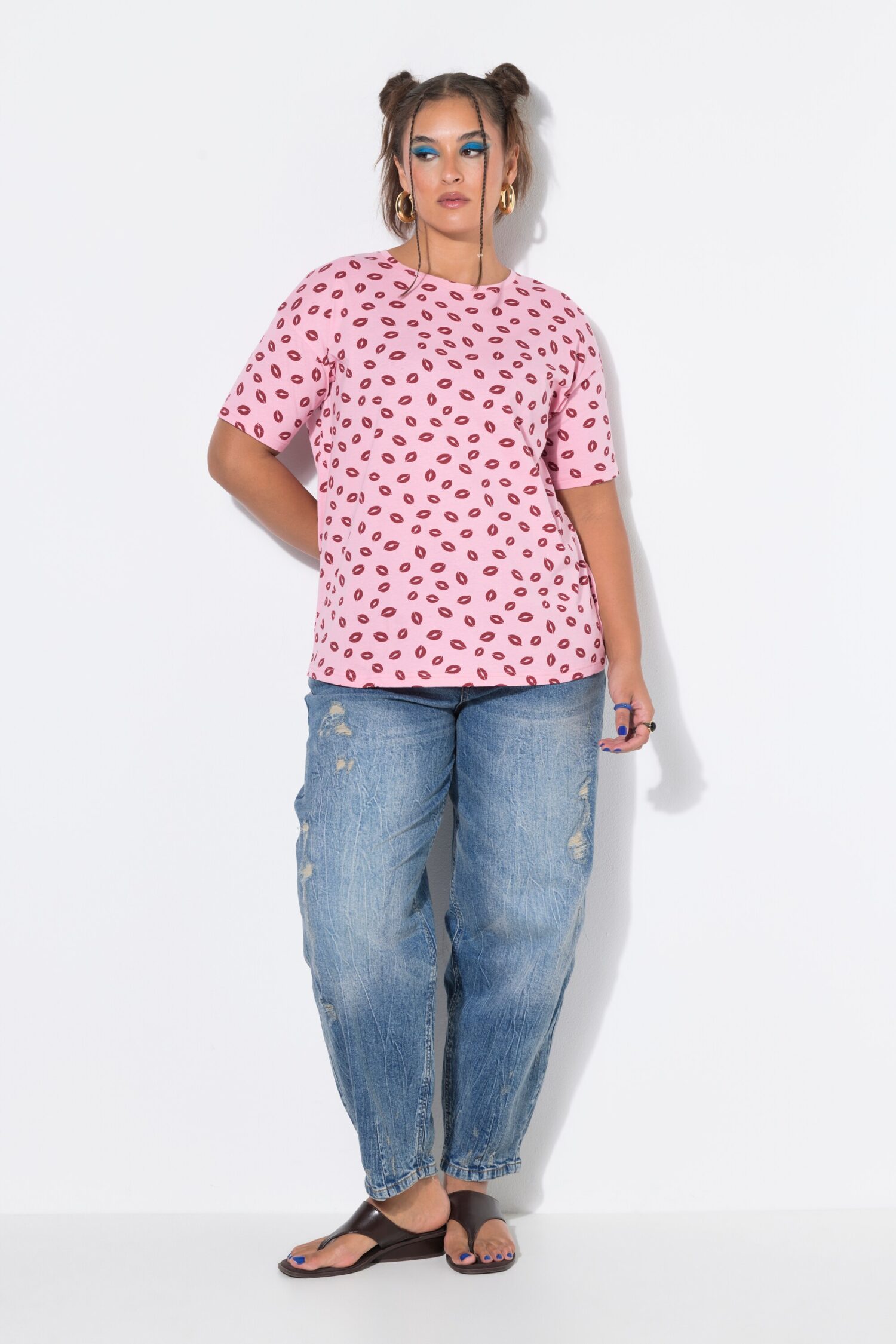 T-shirt oversized με σχέδιο kiss και κοντά μανίκια