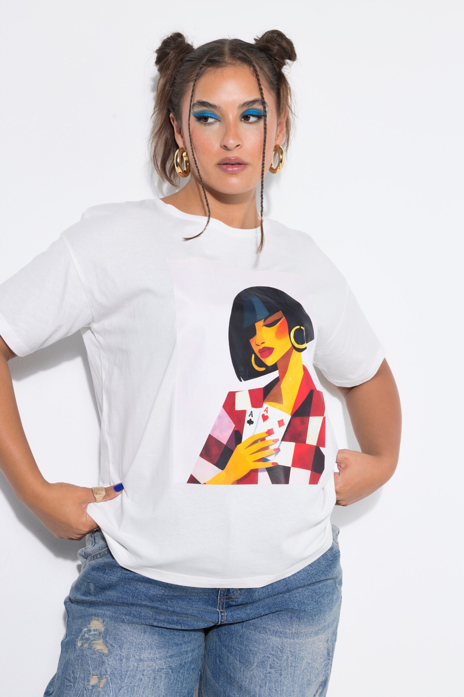 T-shirt oversized με τύπωμα model και κοντά μανίκια