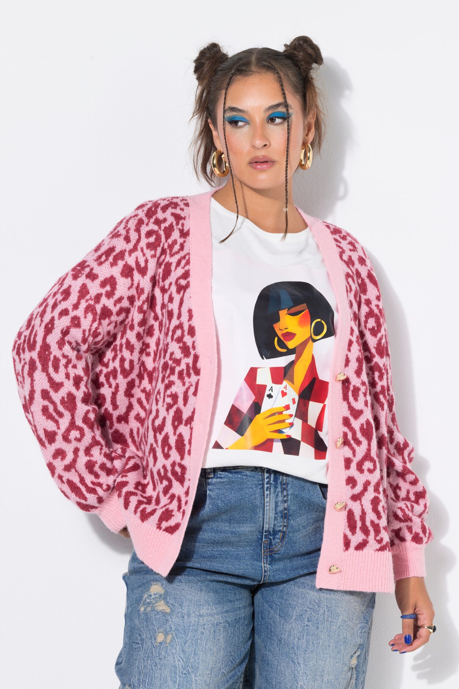 Ζακέτα oversized με λεοπάρ σχέδιο και κουμπιά σε σχήμα καρδιάς