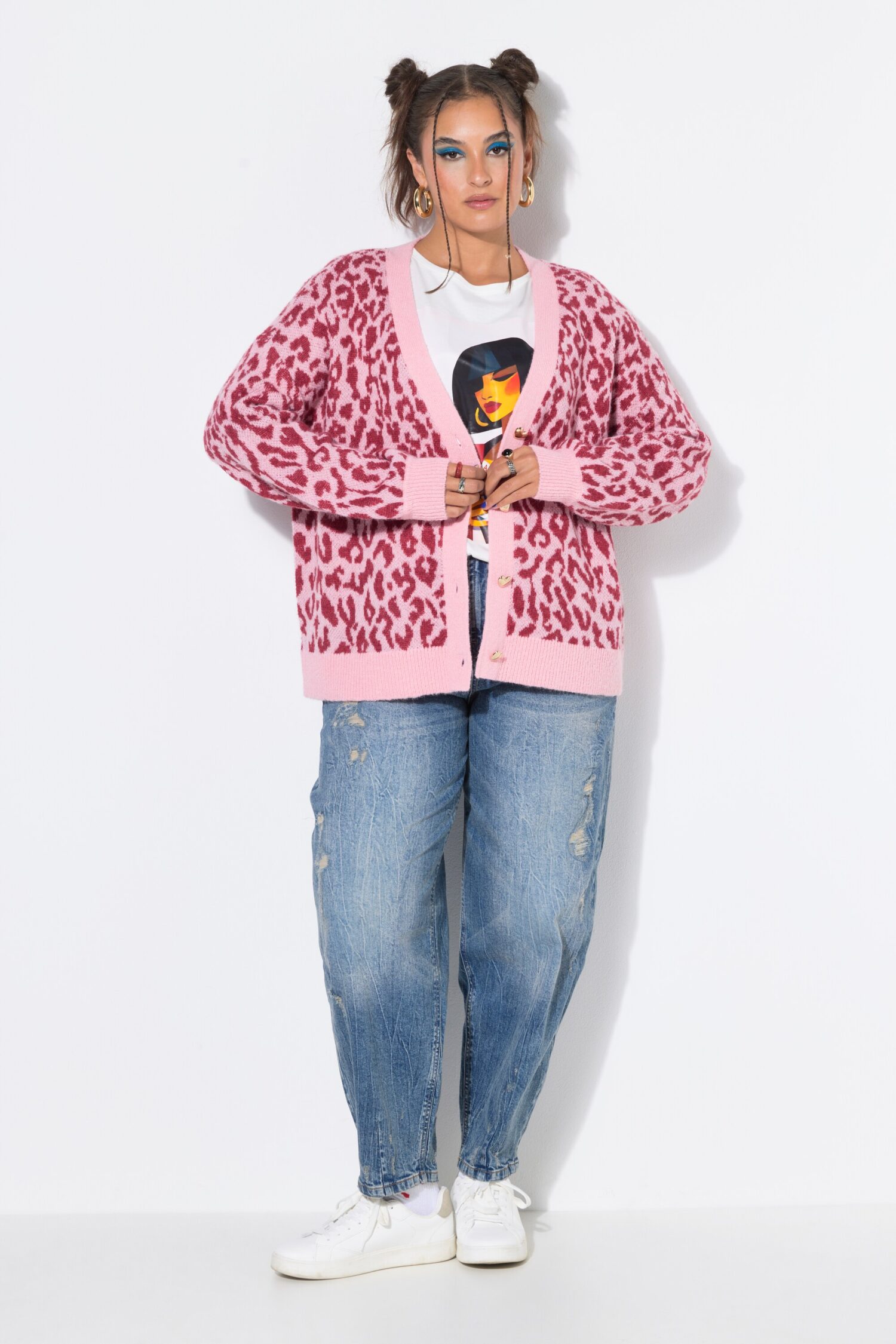 Ζακέτα oversized με λεοπάρ σχέδιο και κουμπιά σε σχήμα καρδιάς