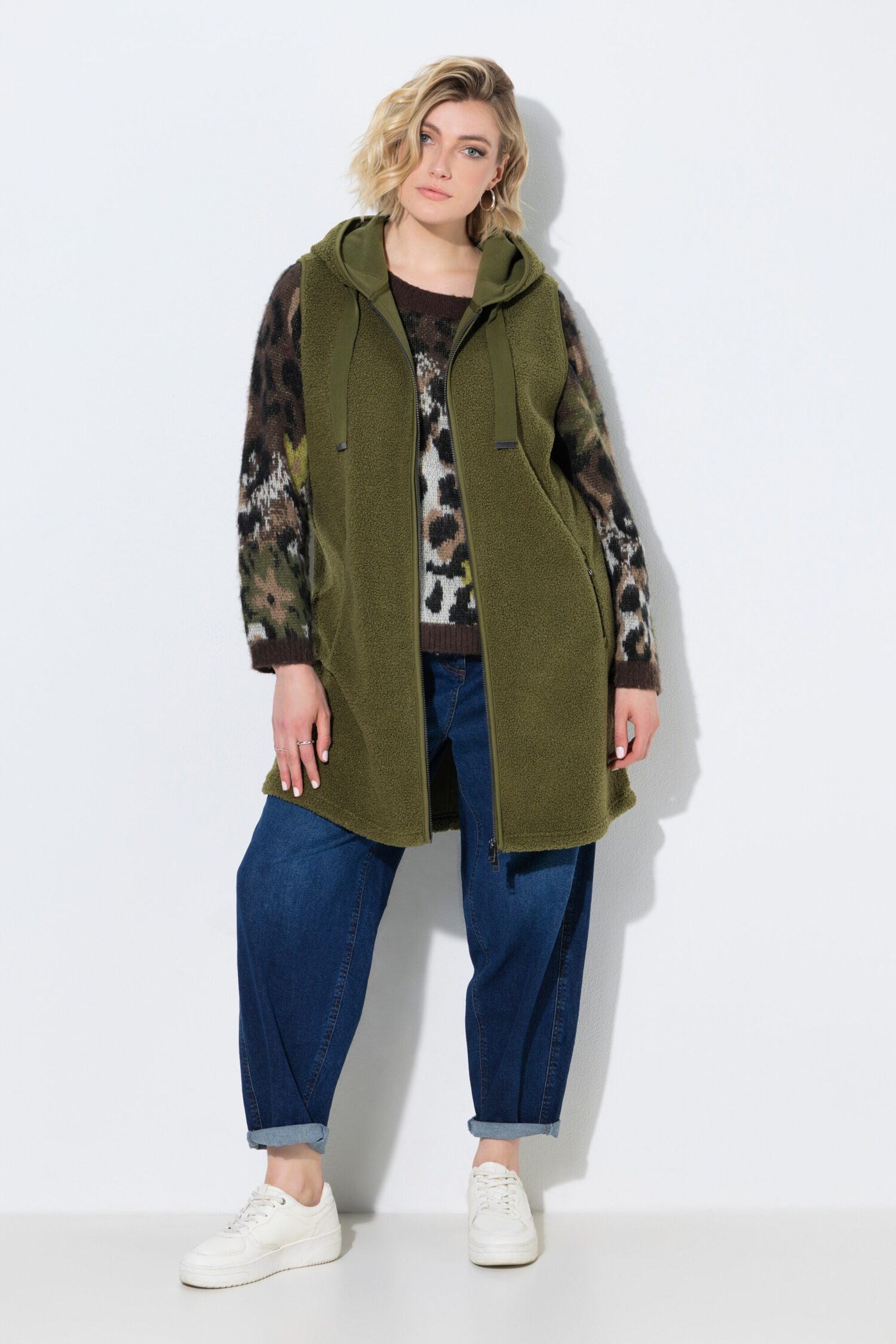 Γιλέκο fleece μακρύ σε γραμμή Α με κουκούλα