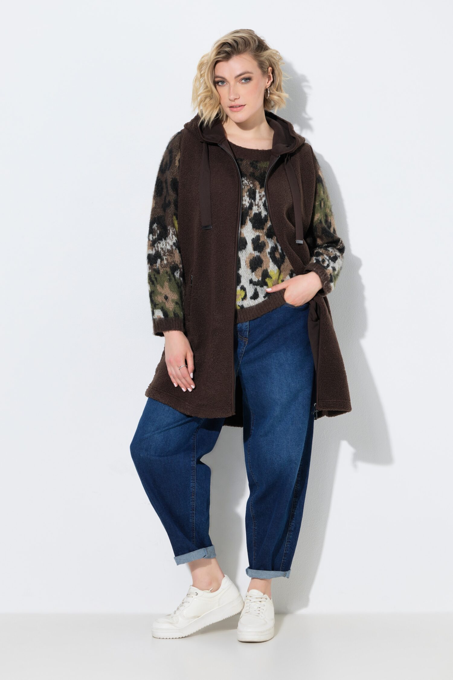 Γιλέκο fleece μακρύ σε γραμμή Α με κουκούλα