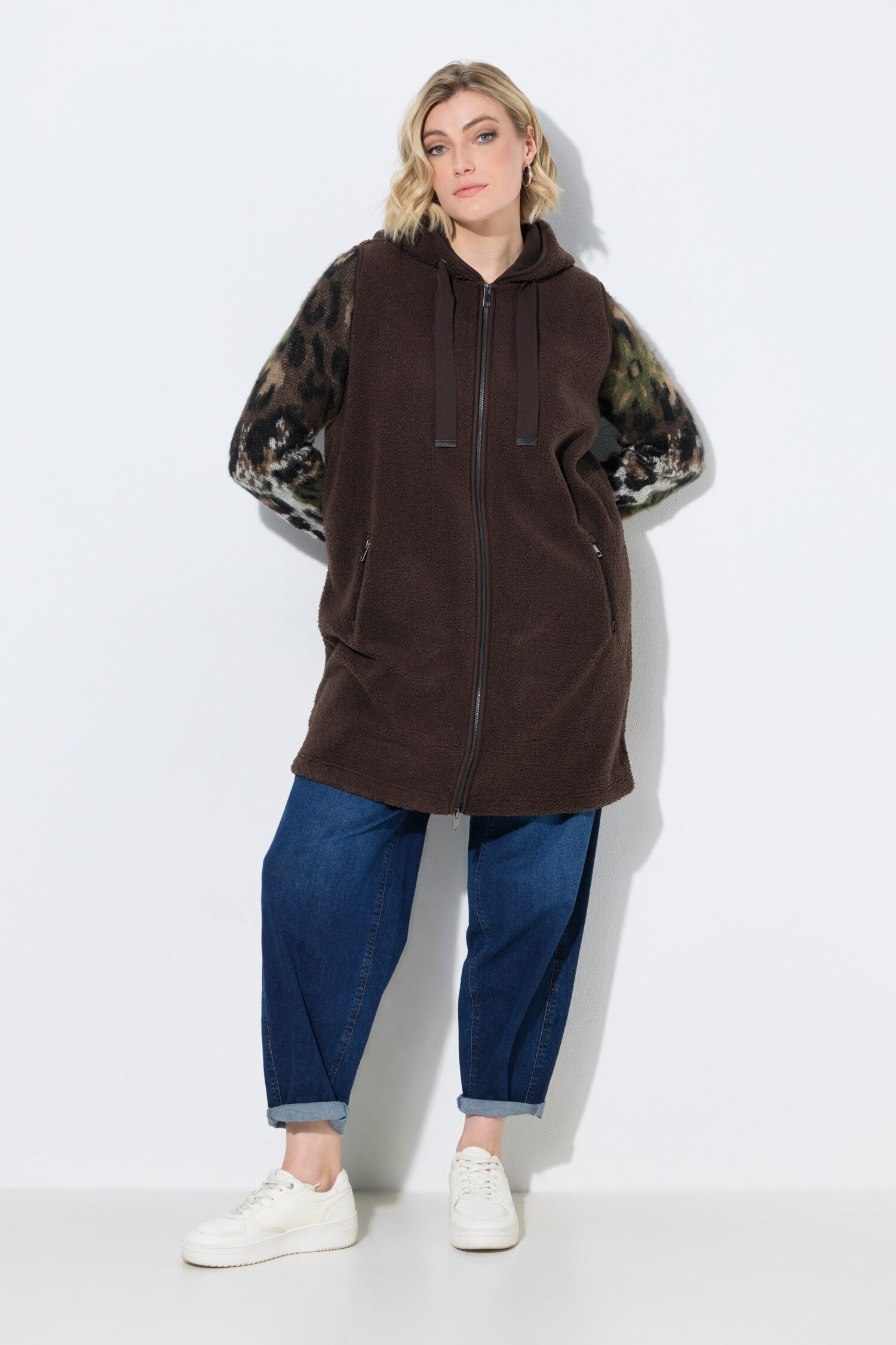 Γιλέκο fleece μακρύ σε γραμμή Α με κουκούλα