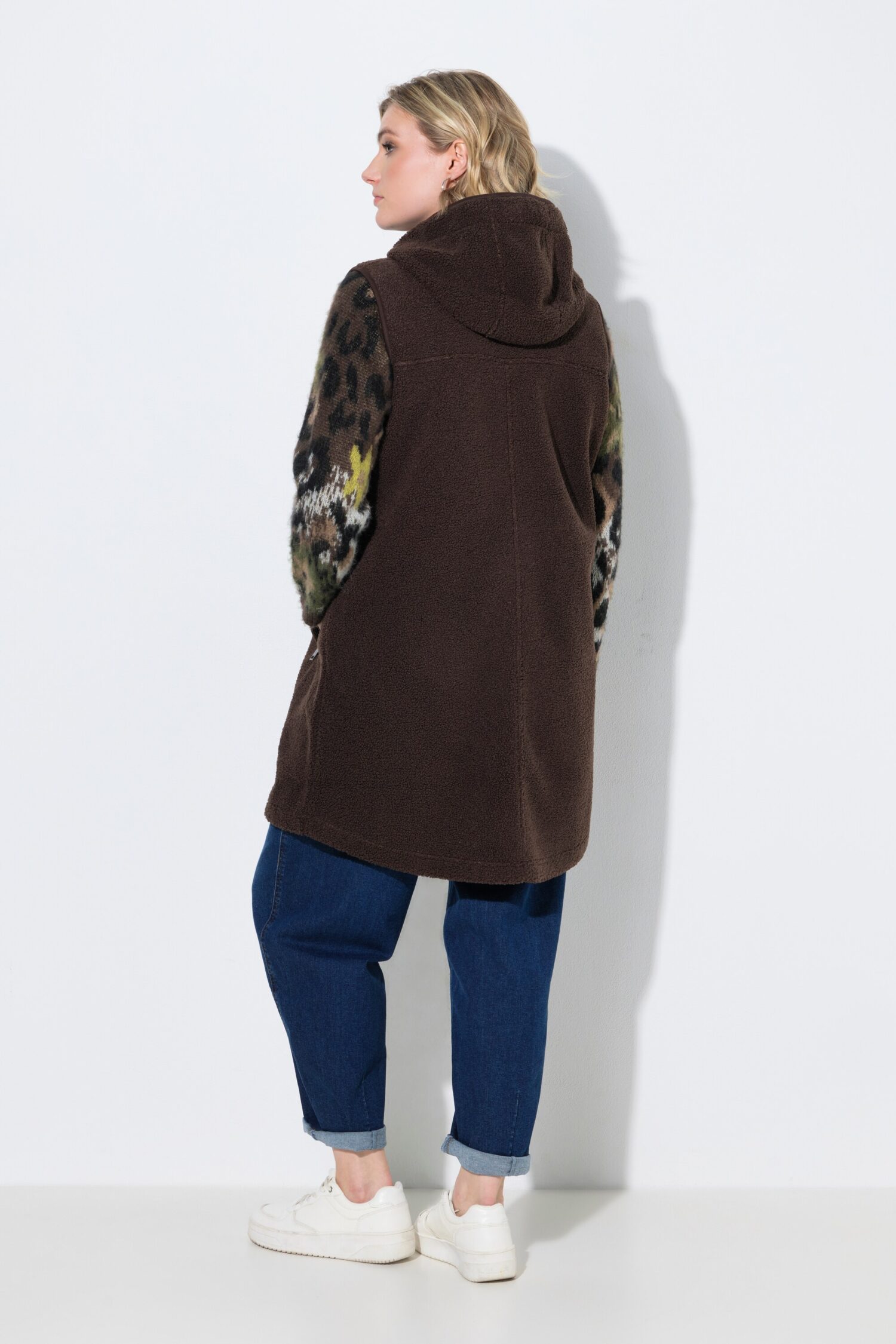Γιλέκο fleece μακρύ σε γραμμή Α με κουκούλα