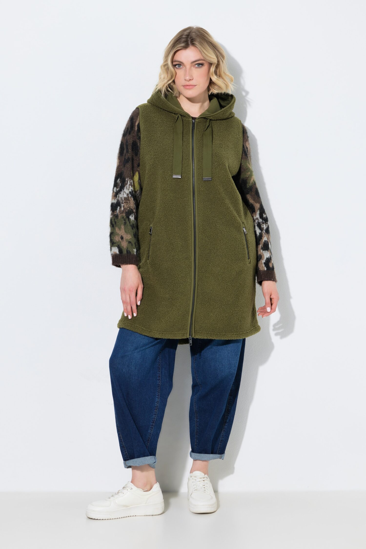 Γιλέκο fleece μακρύ σε γραμμή Α με κουκούλα