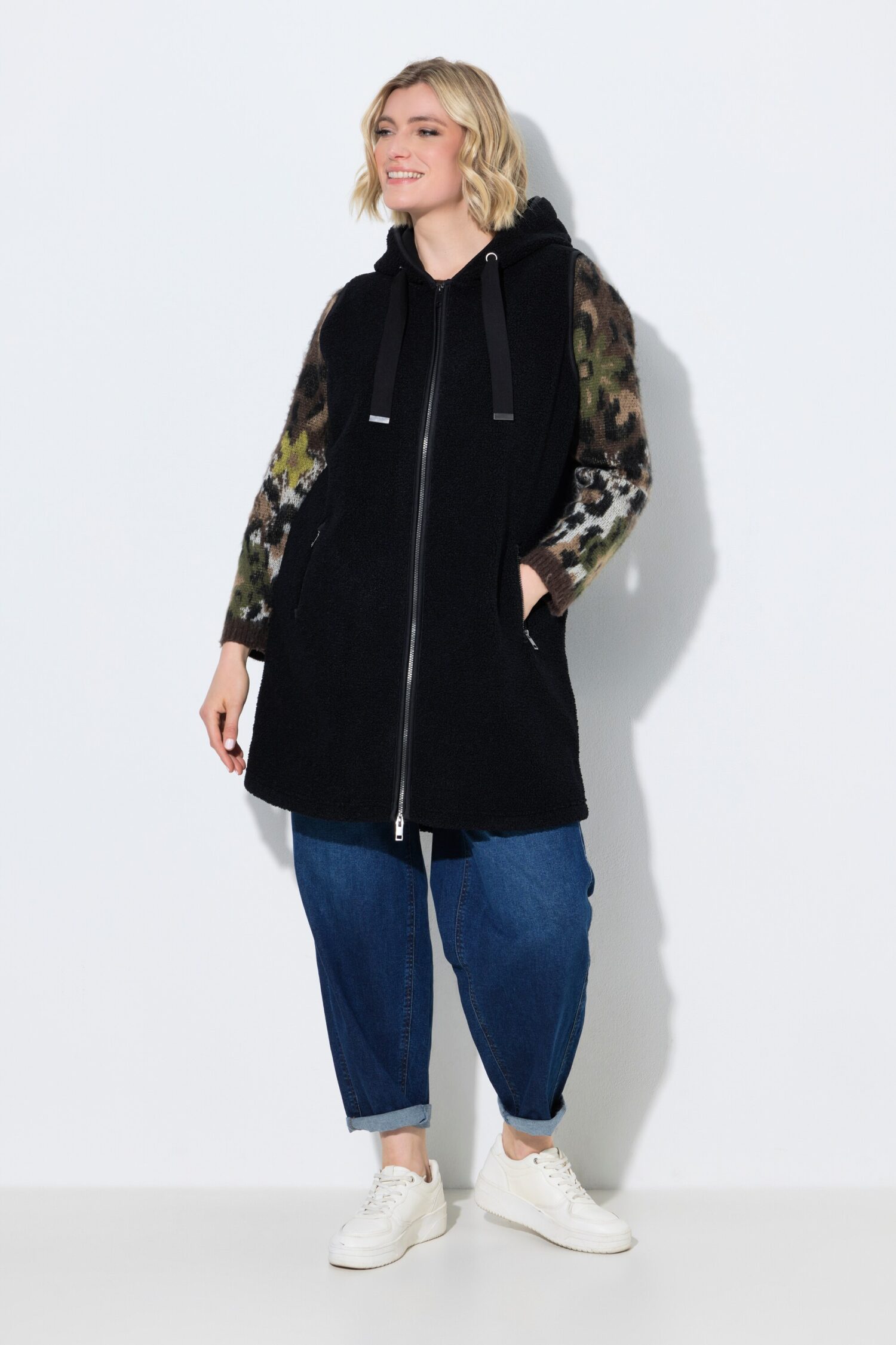 Γιλέκο fleece μακρύ σε γραμμή Α με κουκούλα