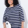 Μπλούζα ριγέ oversized με γράμματα και διακοσμητικά στρας