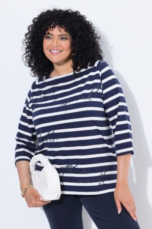 Μπλούζα ριγέ oversized με γράμματα και διακοσμητικά στρας