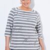 Μπλούζα ριγέ oversized με γράμματα και διακοσμητικά στρας