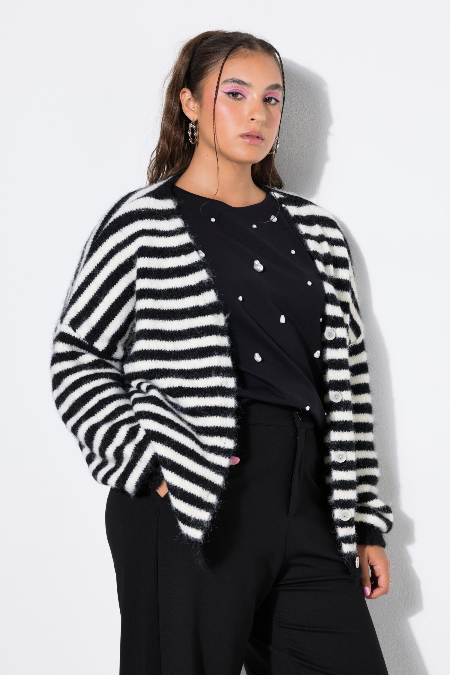 Ζακέτα oversized, ριγέ με χαμηλούς ώμους