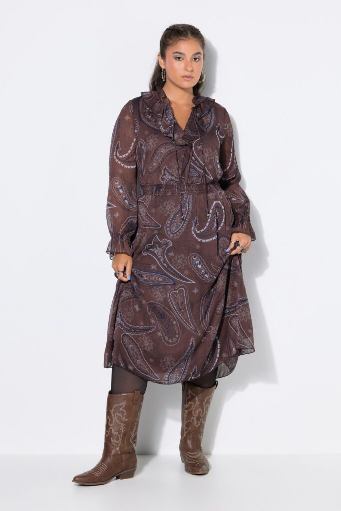 Φόρεμα μίντι σε γραμμή Α με paisley print και βολάν