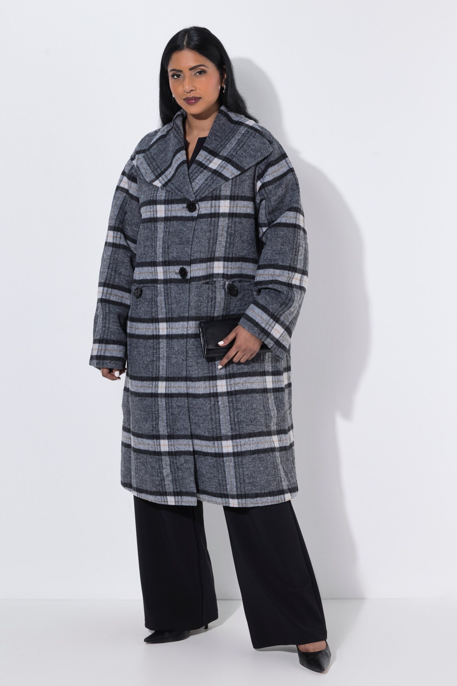 Παλτό καρό oversized με φαρδύ γιακά