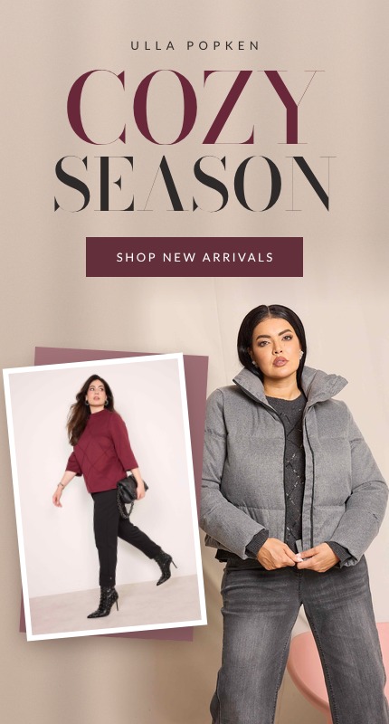 Cozy Season: μπορντό πλεκτό, γκρι φουσκωτό μπουφάν και τζιν Ulla Popken – Shop new arrivals
